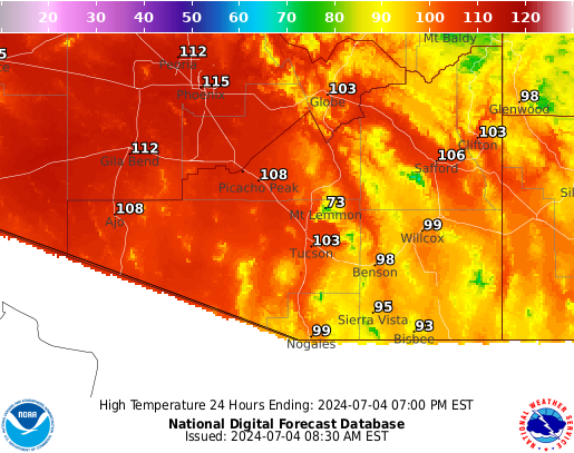 Forecast high temperature map for SE Arizona